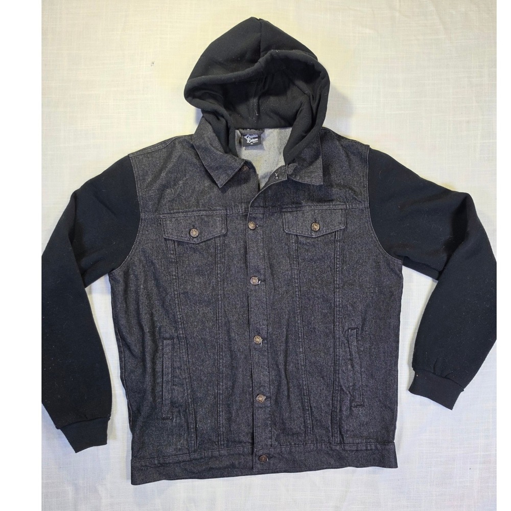Original Deluxe Mens Hooded Denim Jacket Dark Wash Mixed Media Trucker Black L